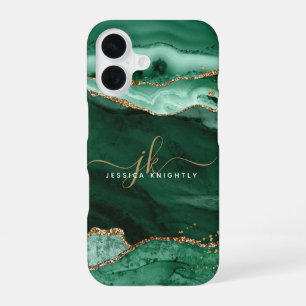 Modern Green Agate Gold Glitter Script Monogram iPhone 16 Case