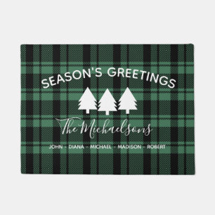 Modern Green and Black Plaid with Monogram Name Doormat