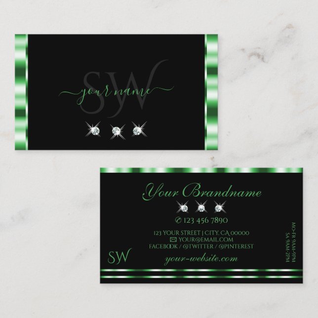 Modern Green and Black Sparkling Diamonds Initials Business Card (Front/Back)