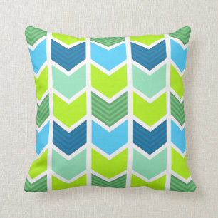 Modern Green and Blue Geometric Chevron Pattern Cushion