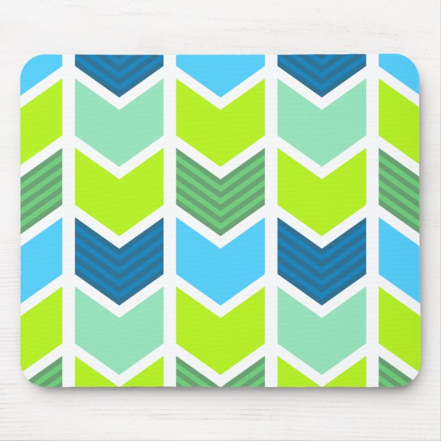 Modern Green and Blue Geometric Chevron Pattern Mouse Pad (Front)