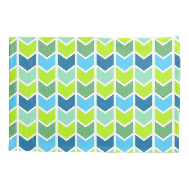 Modern Green and Blue Geometric Chevron Pattern Pillowcase (Back)