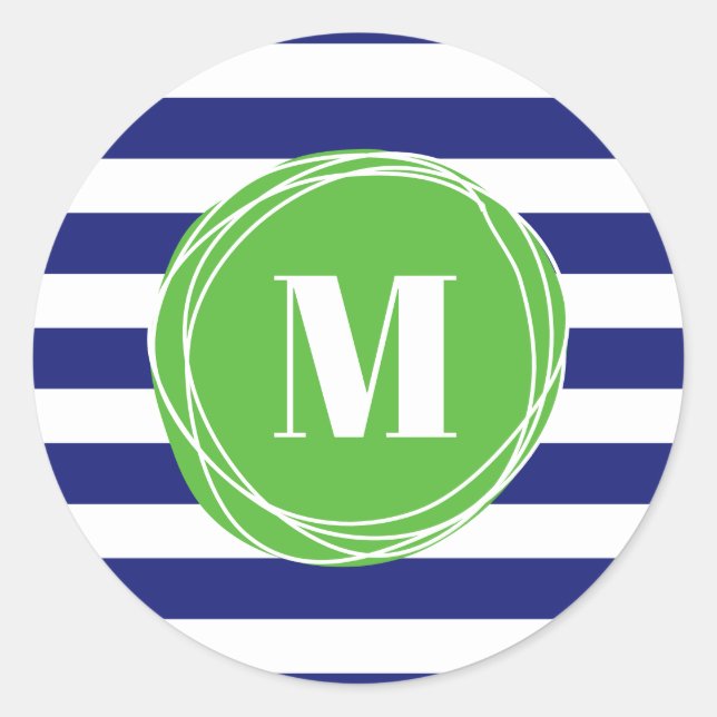 Modern Green And Blue Stripes Monogram Classic Round Sticker (Front)