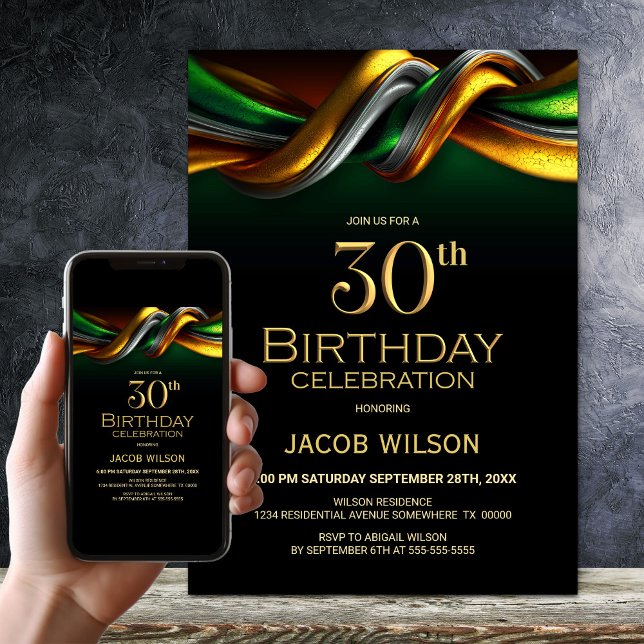 Modern Green and Gold 30th Birthday Party Invitation (Creator Uploaded)
