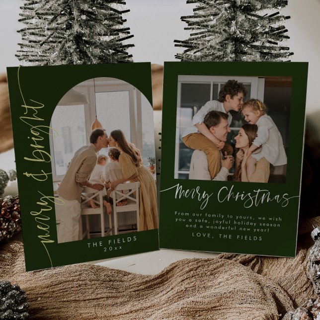 Modern Green and Gold Arch Photo Family Christmas Foil Holiday Card (Creator Uploaded)