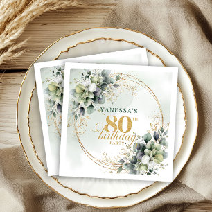 Modern Green and Gold Botanical 80th Birthday  Napkin