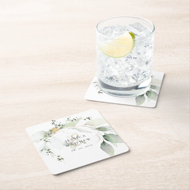 Modern Green and Gold Eucalyptus  Square Paper Coaster (Insitu)