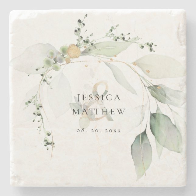 Modern Green and Gold Eucalyptus Stone Coaster (Front)