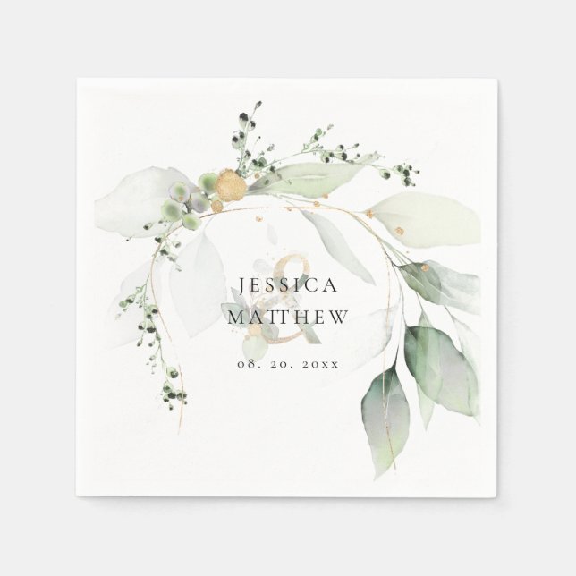Modern Green and Gold Eucalyptus Wedding Napkin (Front)