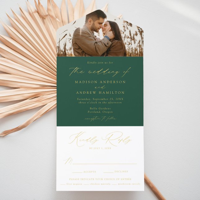 Modern Green and Gold Foil Script Photo Wedding All In One Invitation (Creator Uploaded)