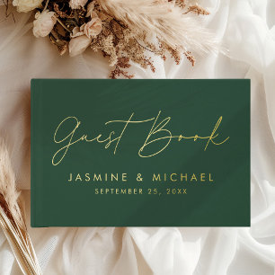 Modern Green and Gold Foil Script Photo Wedding Guest Book