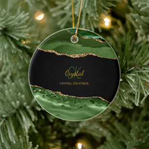 Modern Green and Gold Glitter Monogram Ceramic Ornament