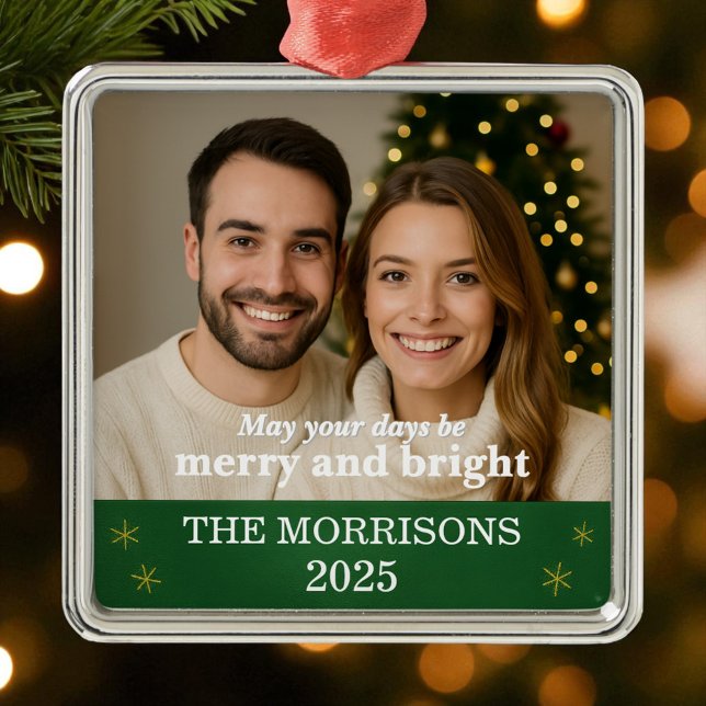 Modern Green and Gold Snowflake Family Photo Metal Ornament (Creator Uploaded)