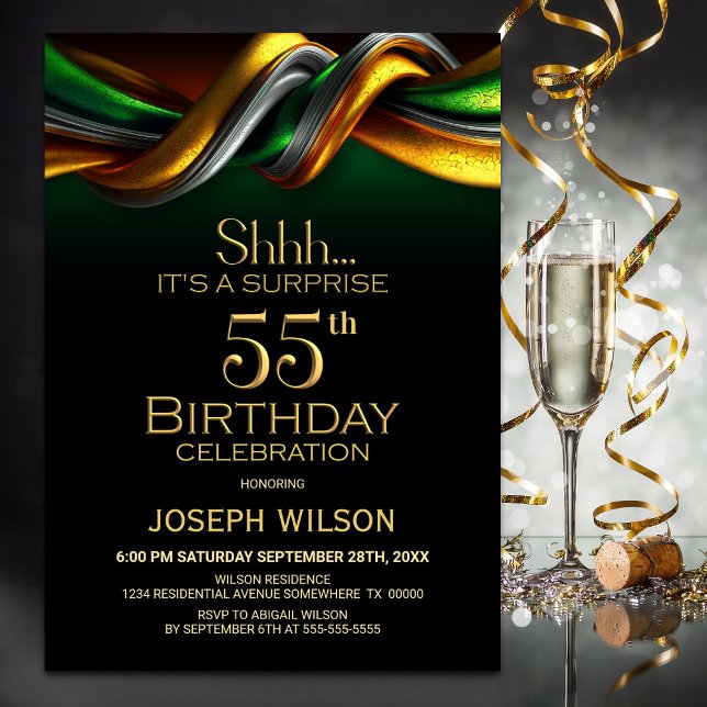 Modern Green and Gold Surprise 55th Birthday Party Invitation (Creator Uploaded)