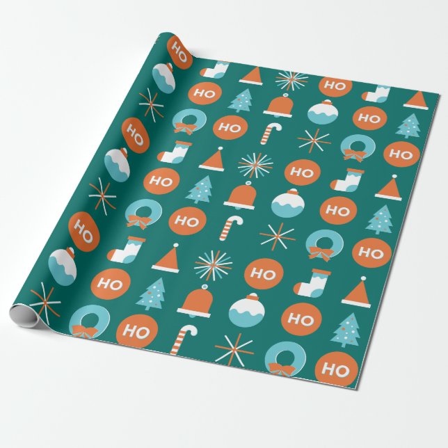 Modern Green and Orange Christmas Symbols Pattern Wrapping Paper (Unrolled)