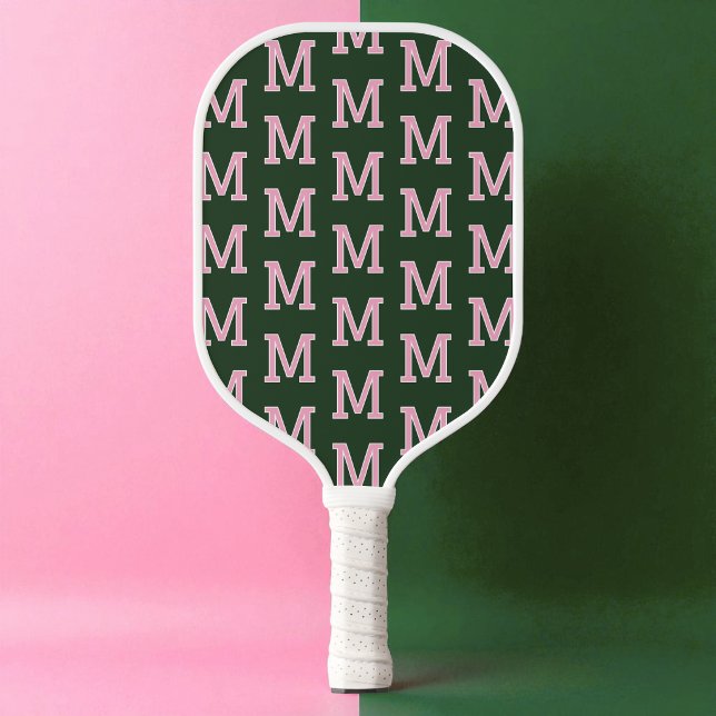Modern Green and Pink Initial Monogram Pattern Pickleball Paddle (Modern Green and Pink Initial Monogram Pattern Pickleball Paddle)