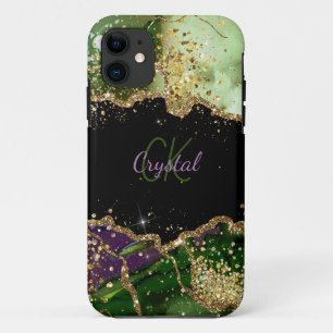 Modern Green and Purple Glitter Agate Monogram iPhone 11 Case
