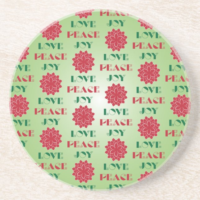 Modern Green and Red Love, Peace, Joy quote Coaster (Front)