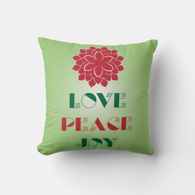 Modern Green and Red Love, Peace, Joy quote Cushion (Front)