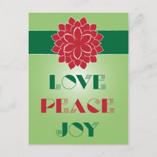 Modern Green and Red Love, Peace, Joy quote Holiday Postcard