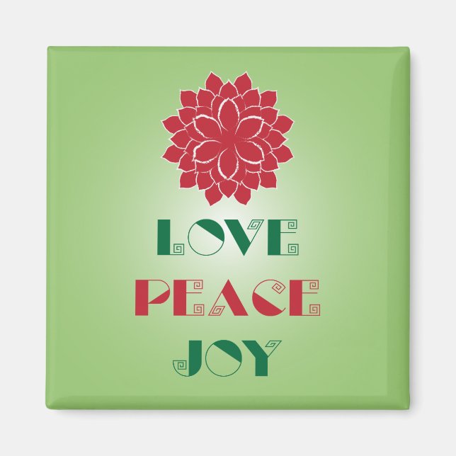 Modern Green and Red Love, Peace, Joy quote Magnet (Front)