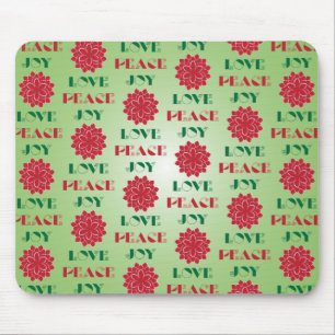 Modern Green and Red Love, Peace, Joy quote Mouse Pad