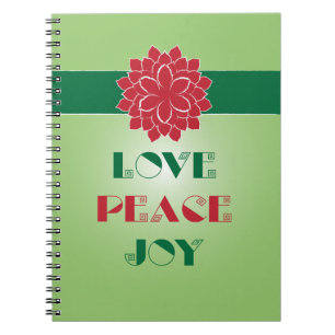 Modern Green and Red Love, Peace, Joy quote Notebook