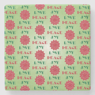 Modern Green and Red Love, Peace, Joy quote Stone Coaster