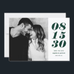 Modern Green and White Bold Date Typography Photo Save The Date<br><div class="desc">Modern Green and White Bold Date Typography Photo Save the Date | A customisable save the date flat card featuring bold typography and stripes pattern. This stylish photo save the date card is perfect for any wedding theme and any season. Personalise by adding your photo and wedding details. You can...</div>