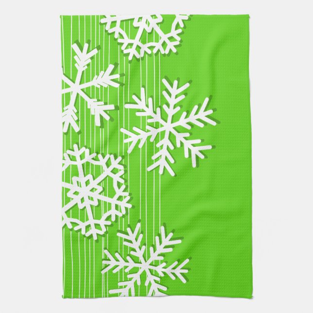 Modern green and white Christmas white snowflakes Tea Towel (Vertical)