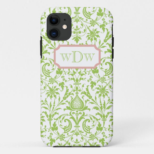 Modern Green and White Damask and Dusty Pink Frame Case-Mate iPhone Case (Back)