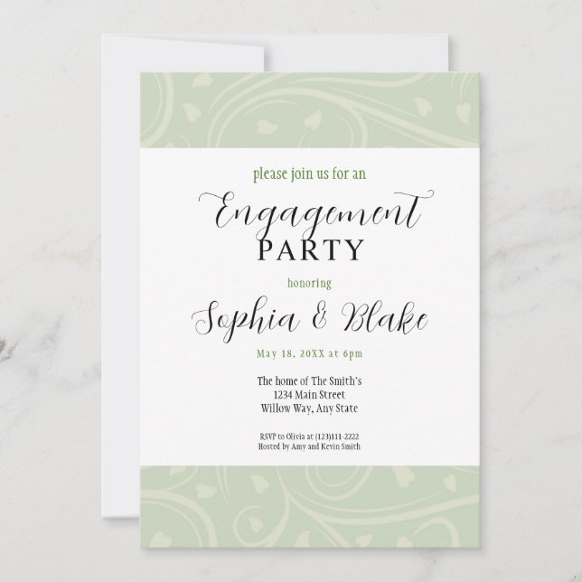 Modern Green and White Floral Engagement Party  Invitation (Front)