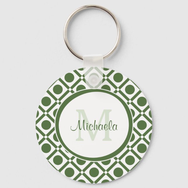 Modern Green and White Geometric Monogrammed Name Key Ring (Front)