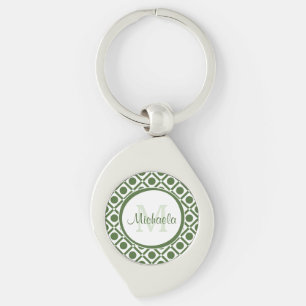 Modern Green and White Geometric Monogrammed Name Key Ring