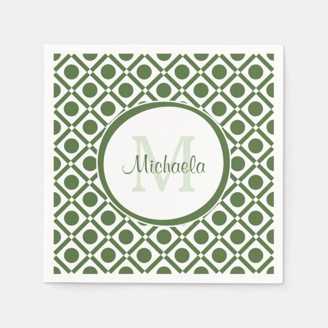 Modern Green and White Geometric Monogrammed Name Napkin (Front)