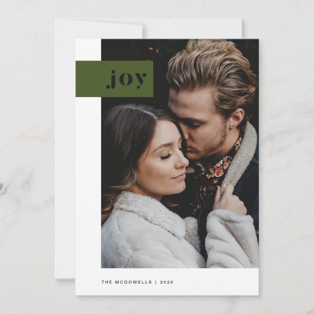 Modern Green and White Joy Tab Photo Holiday Card (Front)
