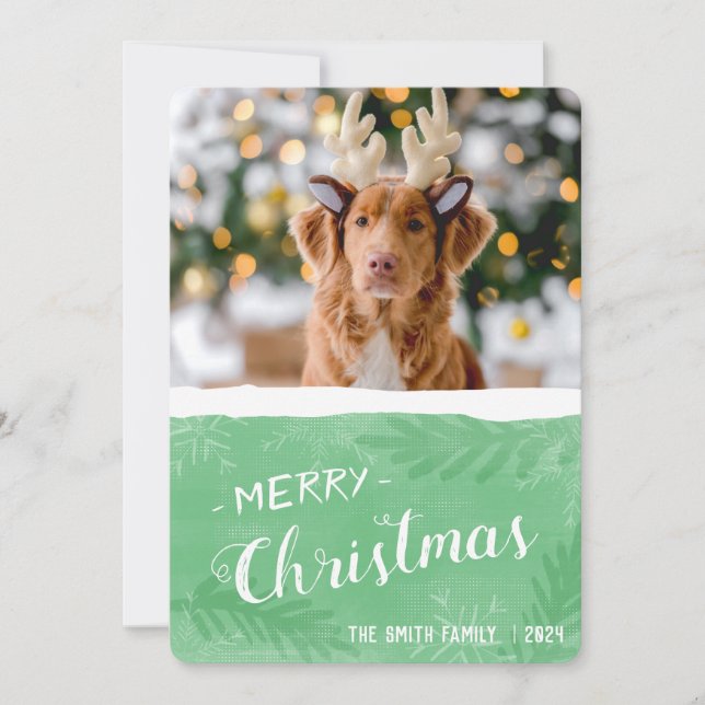 Modern Green and White Merry Christmas Holiday Card (Front)