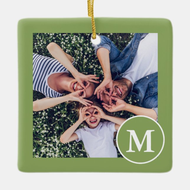 Modern Green and White Monogram Photo Ceramic Ornament (Front)
