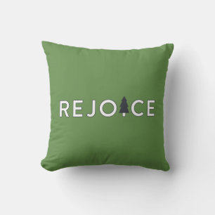 Modern Green and White Rejoice Christmas Tree Cushion