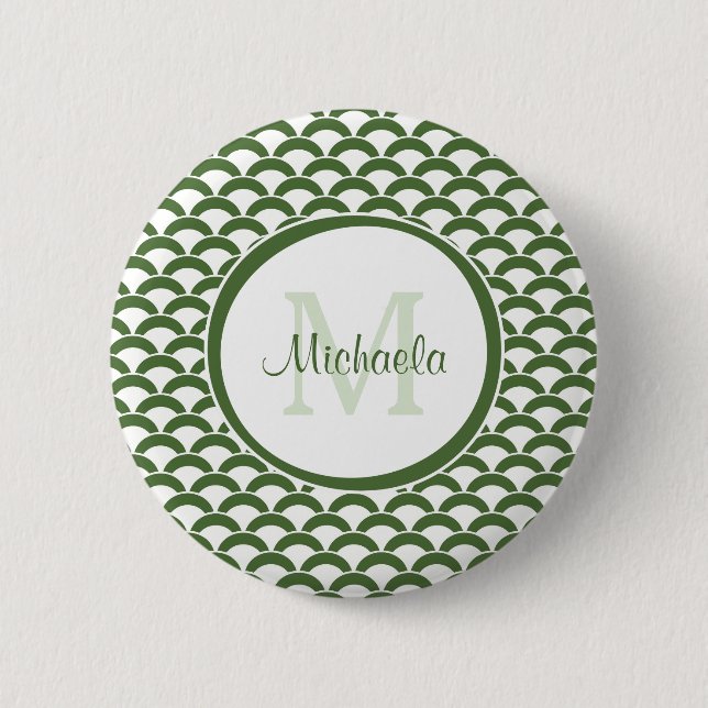 Modern Green and White Scallops Monogram and Name 6 Cm Round Badge (Front)