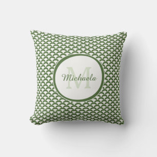 Modern Green and White Scallops Monogram and Name Cushion