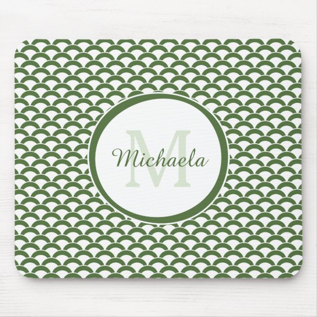 Modern Green and White Scallops Monogram and Name Mouse Pad (Front)