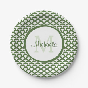 Modern Green and White Scallops Monogram and Name Paper Plate