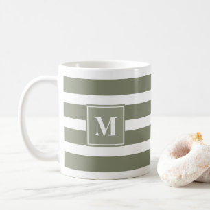 Modern Green and White Stripe with Monogram Coffee Mug