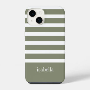 Modern Green and White Stripe with Monogram iPhone 14 Case