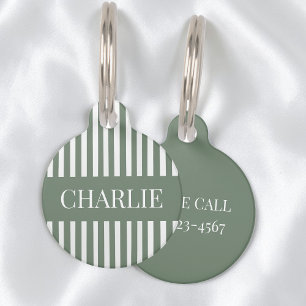 Modern Green and White Stripes Personalised Name Pet Tag
