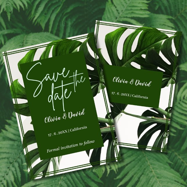 Modern Green and White Tropical Save the Date Invitation (Creator Uploaded)