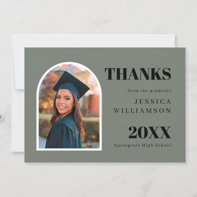  Modern Green Arch Photo Graduation Thank You Card (Front)