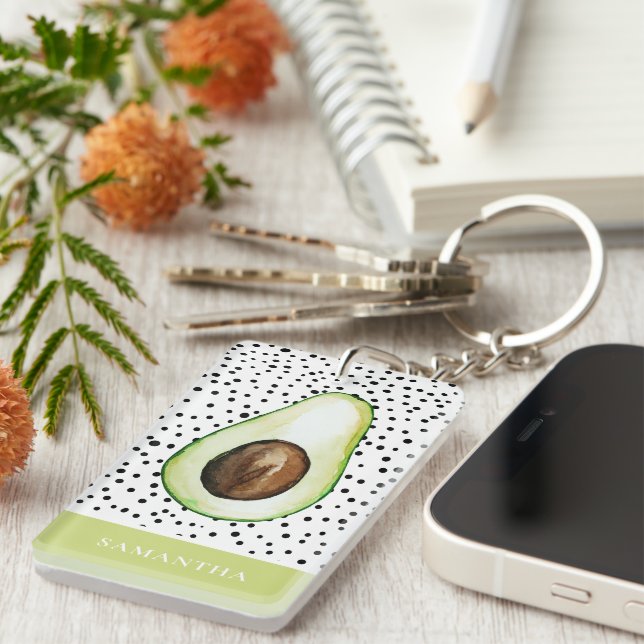 Modern Green Avocado Personalised Name  Key Ring (Front Right)