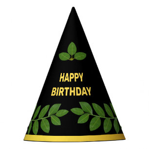 Modern Green Bay Leaves Birthday on Black Party Hat